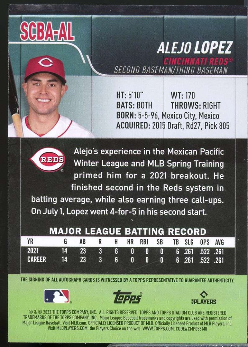 Alejo Lopez Card 2022 Stadium Club Autographs #SCBAAL  Image 2