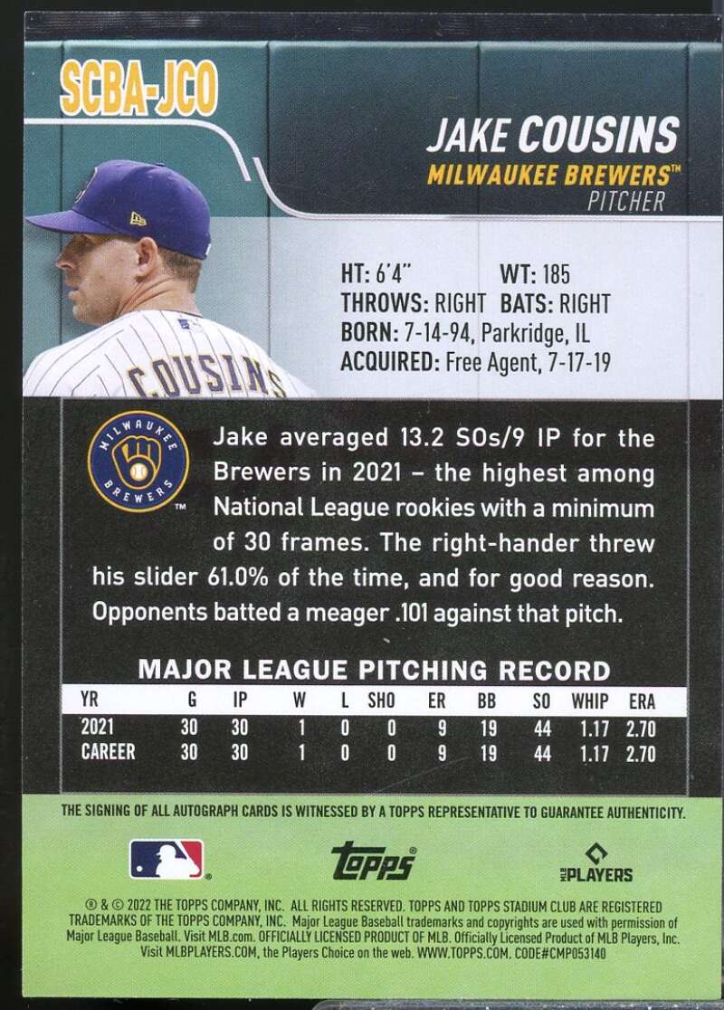 Jake Cousins Card 2022 Stadium Club Autographs #SCBAJCO  Image 2
