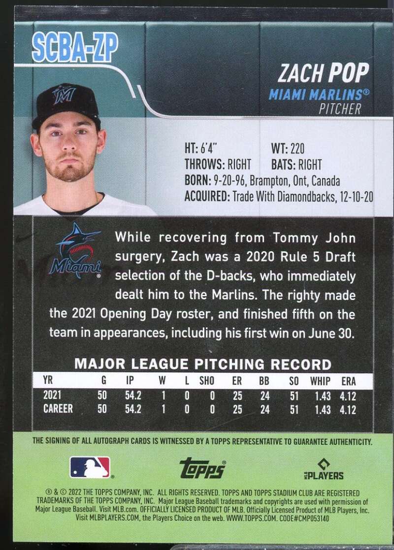 Zach Pop Card 2022 Stadium Club Autographs #SCBAZP  Image 2