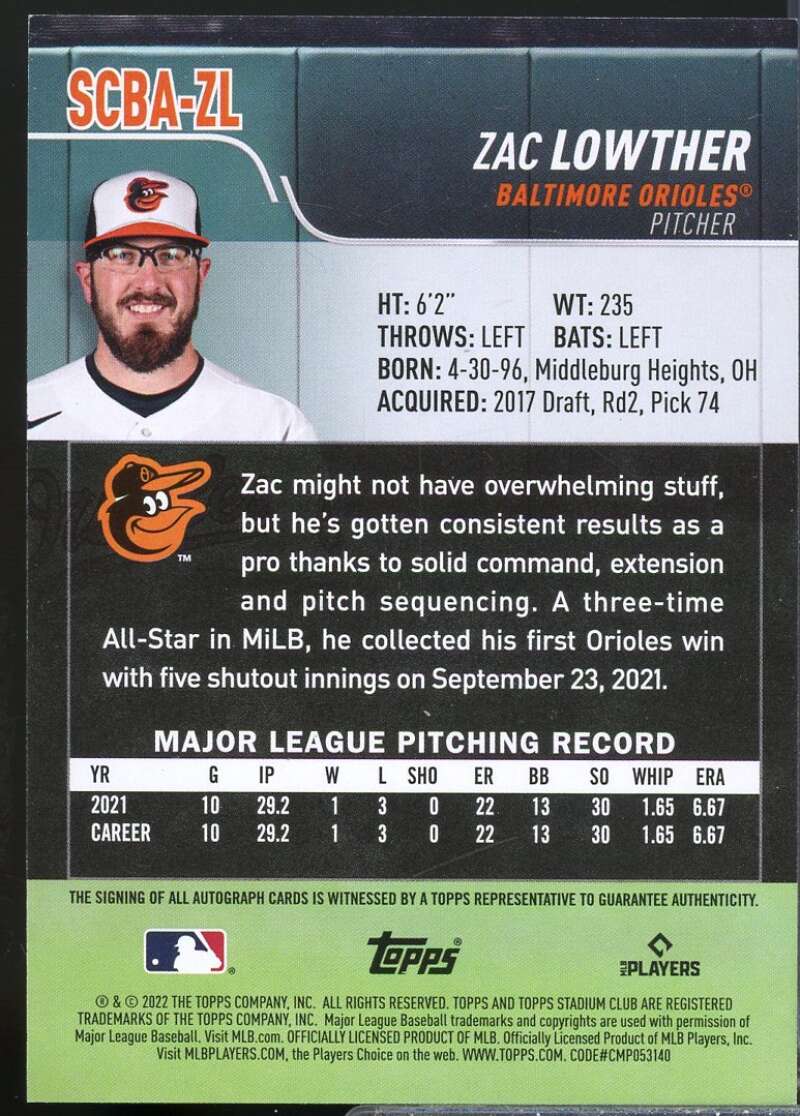Zac Lowther Card 2022 Stadium Club Autographs #SCBAZL  Image 2