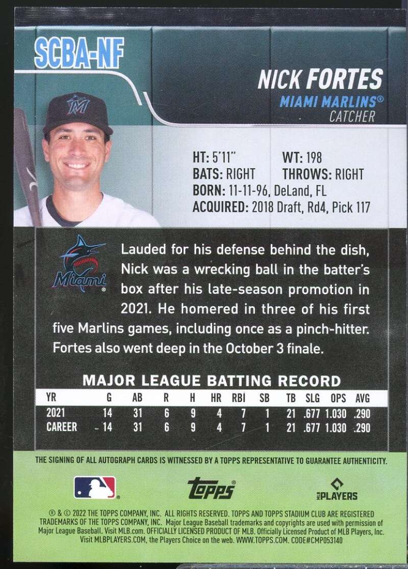 Nick Fortes Card 2022 Stadium Club Autographs #SCBANF  Image 2