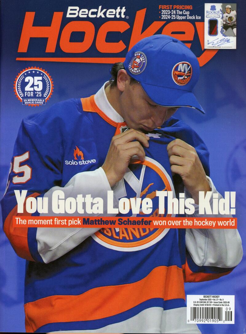 Current Beckett Hockey Monthly Price Guide Card Magazine September 2025 Matthew Schaefer Cover Image 1