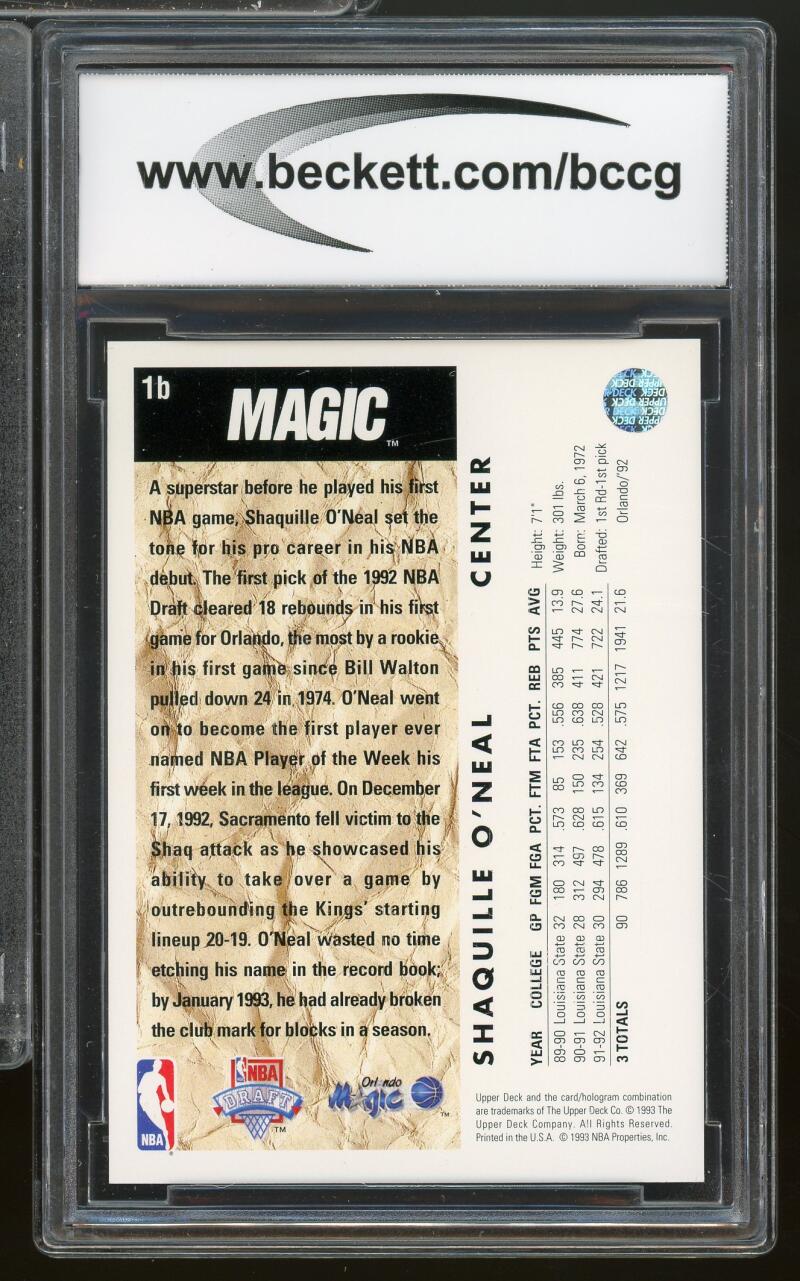 1992-93 Upper Deck #1B Shaquille O'Neal Rookie Card BGS BCCG 10 Mint+ Image 2