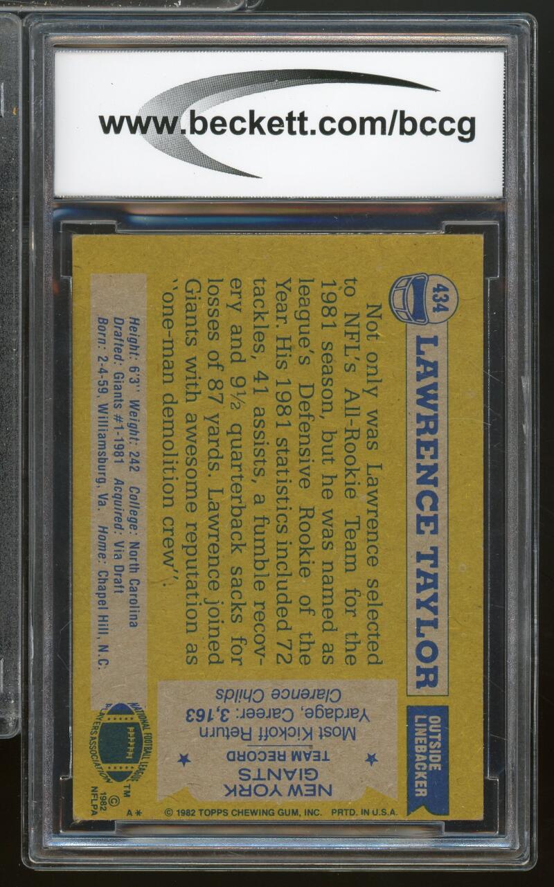 1982 Topps #434 Lawrence Taylor Rookie Card BGS BCCG 8 Excellent+ Image 2
