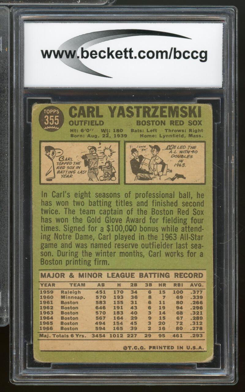 1967 Topps #355 Carl Yastrzemski Card BGS BCCG 6 Good+ Image 2