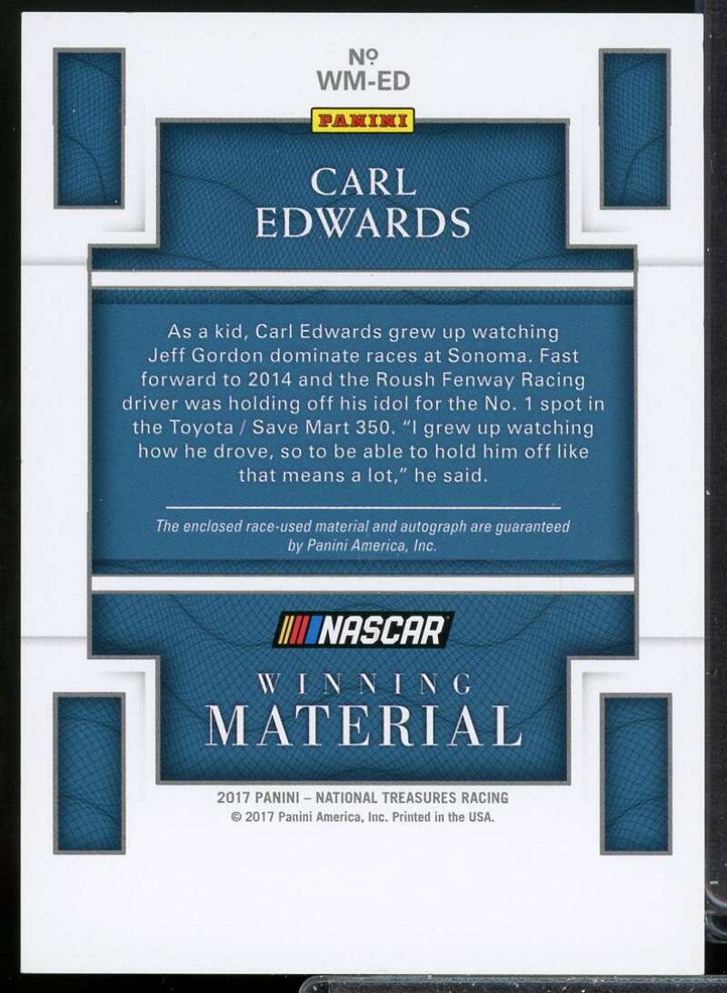 Carl Edwards Card 2017 Panini National Treasures Winning Material Signatures #9  Image 2