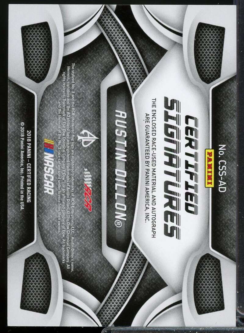 Austin Dillon Card 2018 Certified Signature Swatches Blue #3  Image 2