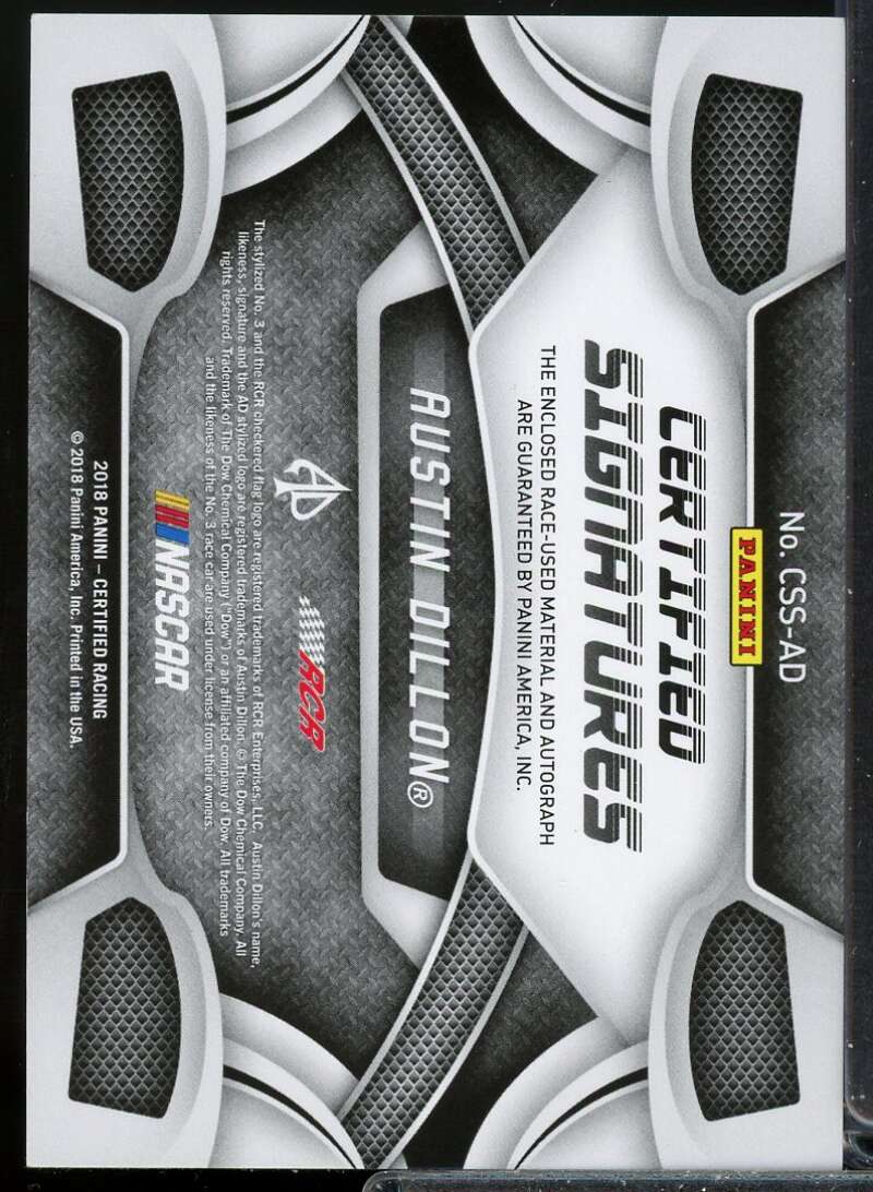 Austin Dillon Card 2018 Certified Signature Swatches Red #3  Image 2