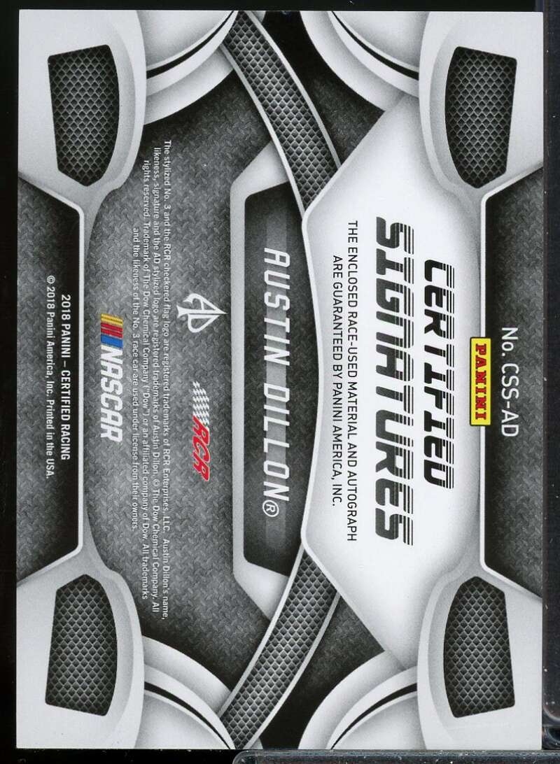 Austin Dillon Card 2018 Certified Signature Swatches Red #3  Image 2