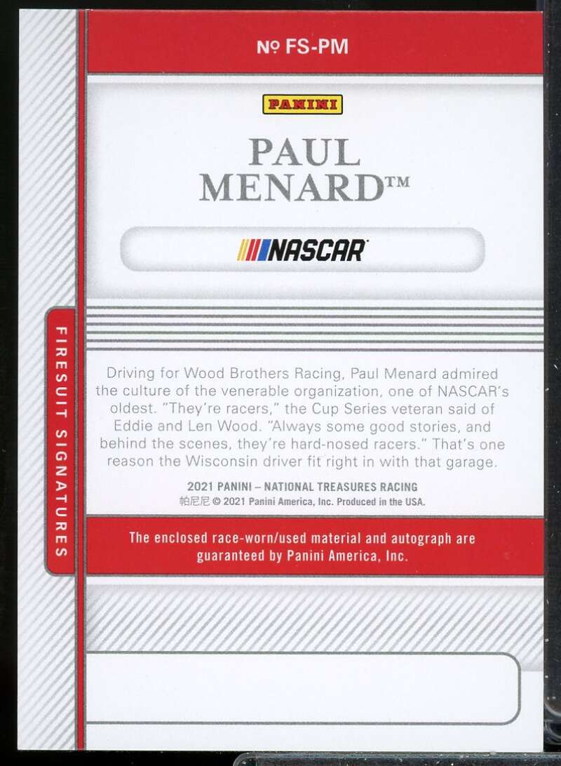 Paul Menard Card 2021 Panini National Treasures Firesuit Signatures #19  Image 2