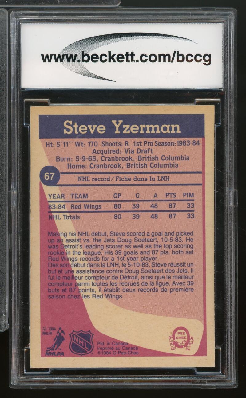 1984-85 O-Pee-Chee #67 Steve Yzerman Rookie Card BGS BCCG 9 Near Mint+ Image 2