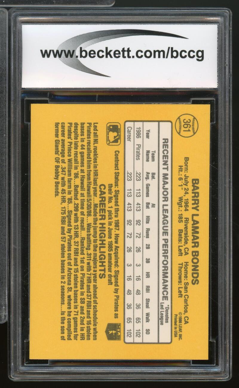 1987 Donruss #361 Barry Bonds Rookie Card BGS BCCG 10 Mint+ Image 2