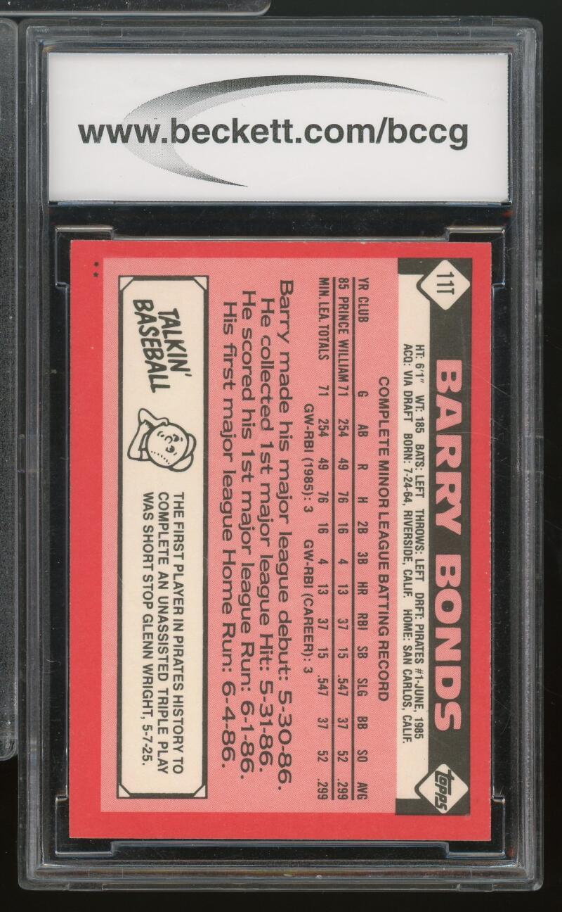 1986 Topps Traded #11T Barry Bonds Rookie Card BGS BCCG 10 Mint+ Image 2