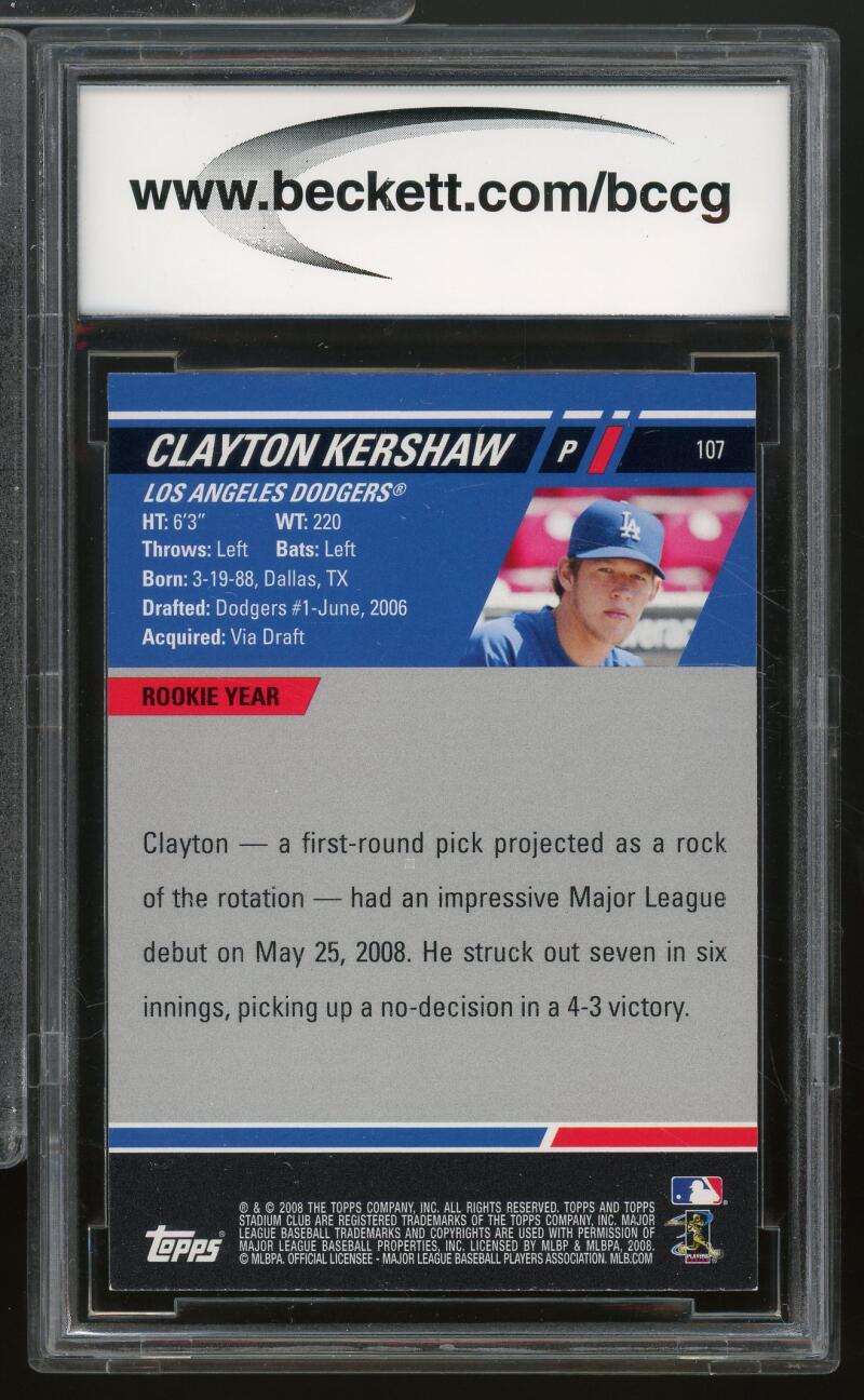 2008 stadium club #107a CLAYTON KERSHAW los angeles dodgers rookie BGS BCCG 10 Image 2