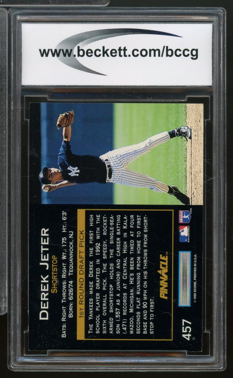 1993 Pinnacle #457 Derek Jeter Rookie Card BGS BCCG 10 MINT+ Image 2