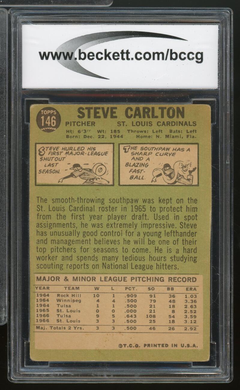 1967 Topps #146 Steve Carlton Card BGS BCCG 6 Good+ Image 2