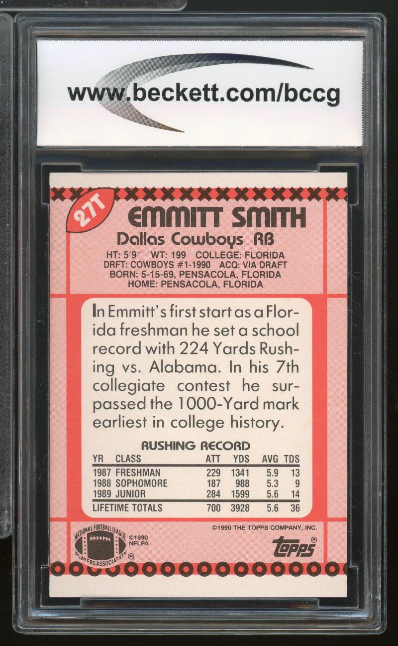 1990 Topps Traded #27T Emmitt Smith Rookie Card BGS BCCG 10 Mint+ Image 2