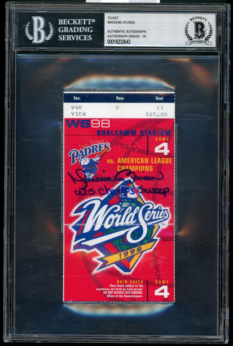 1998 Game 4 World Series Full Size Ticket Mariano Rivera Autograph BGS Authentic Image 1