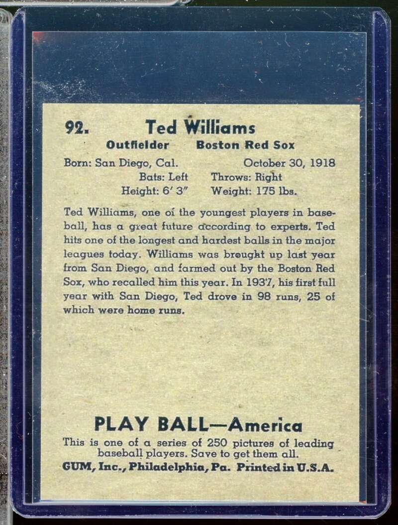 Ted Williams Reprint Novelty  Card 1939 Play Ball #92  Image 2
