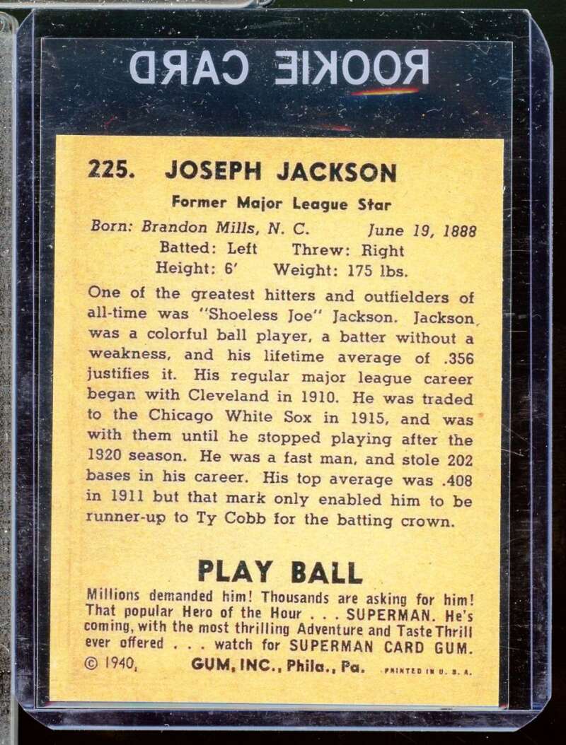 Shoeless Joe Jackson Reprint Novelty  Card 1940 Play Ball #225  Image 2