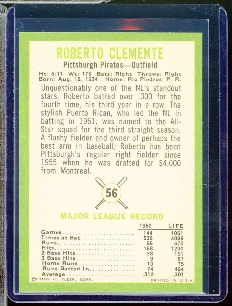 Roberto Clemente Reprint Novelty  Card 1963 Fleer #56  Image 2