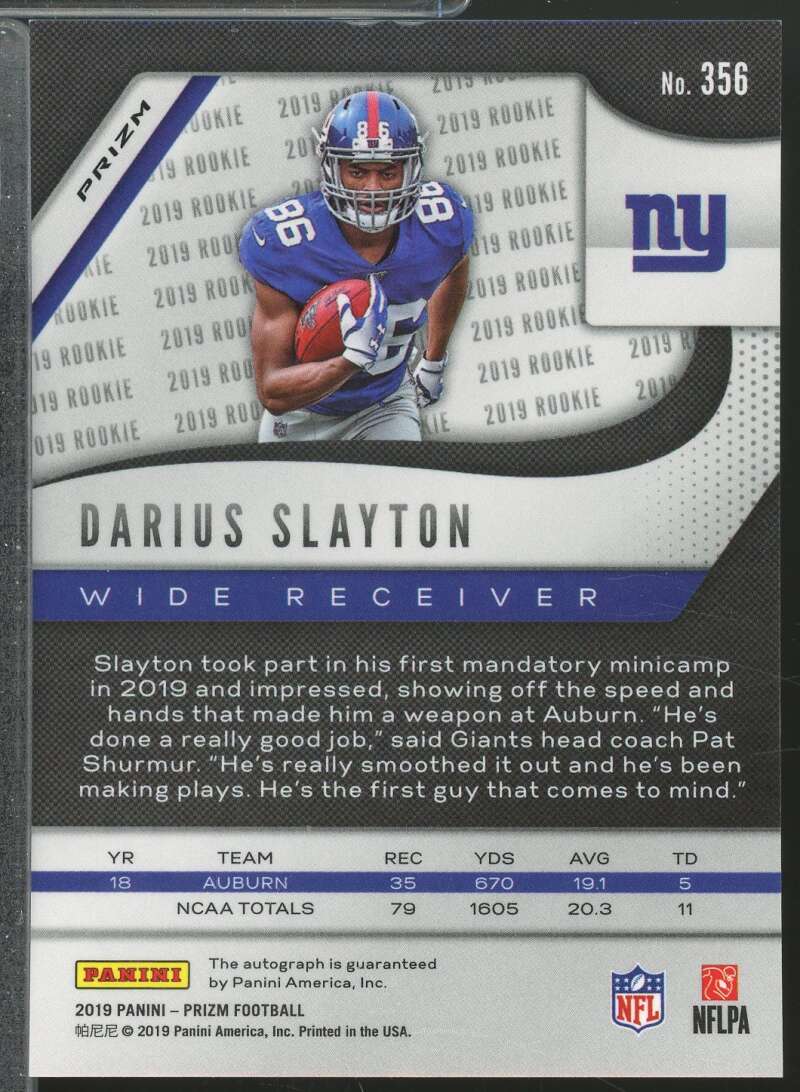 Darius Slayton Rookie Card 2019 Panini Prizm Autographs Prizms Neon Green #356  Image 2