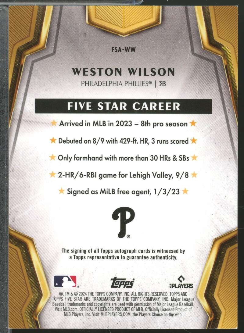 Weston Wilson Rookie Card 2024 Topps Five Star Autographs Purple /50 #FSAWW  Image 2