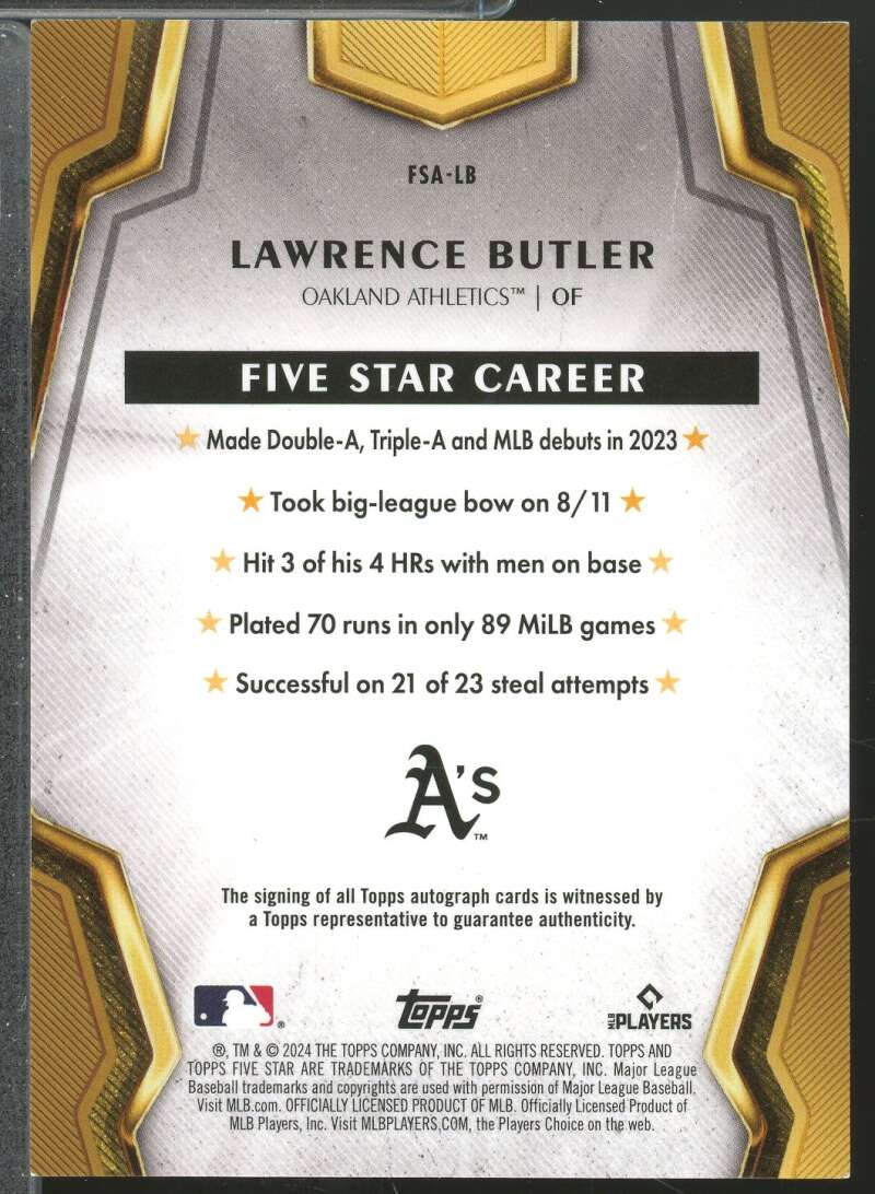 Lawrence Butler Rookie Card 2024 Topps Five Star Autographs Purple /50 #FSALB  Image 2
