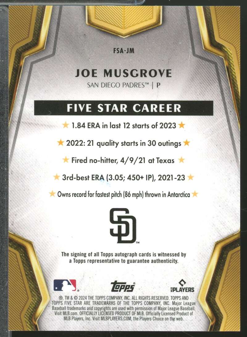 Joe Musgrove Card 2024 Topps Five Star Autographs Blue /25 #FSAJM  Image 2