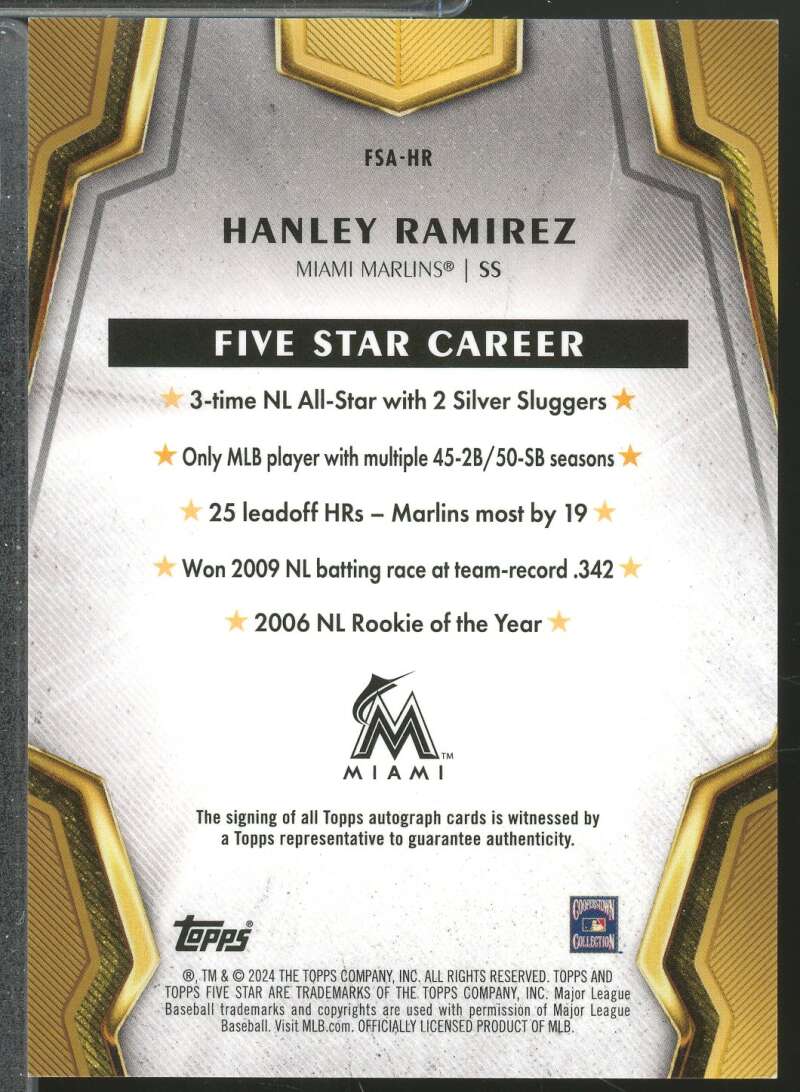Hanley Ramirez Card 2024 Topps Five Star Autographs Gold /10 #FSAHR  Image 2