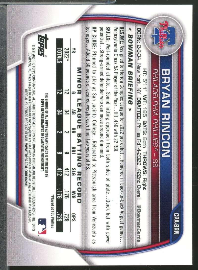 Bryan Rincon 2023 Bowman Chrome Prospect 1st Autograph Atomic Refractor #CPABRN  Image 2