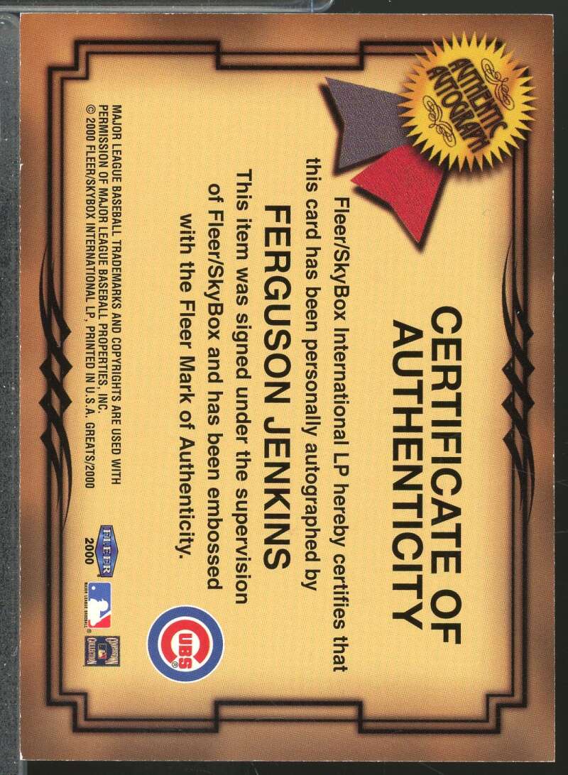 Ferguson Jenkins Card 2000 Fleer Greats of the Game Autographs #37  Image 2