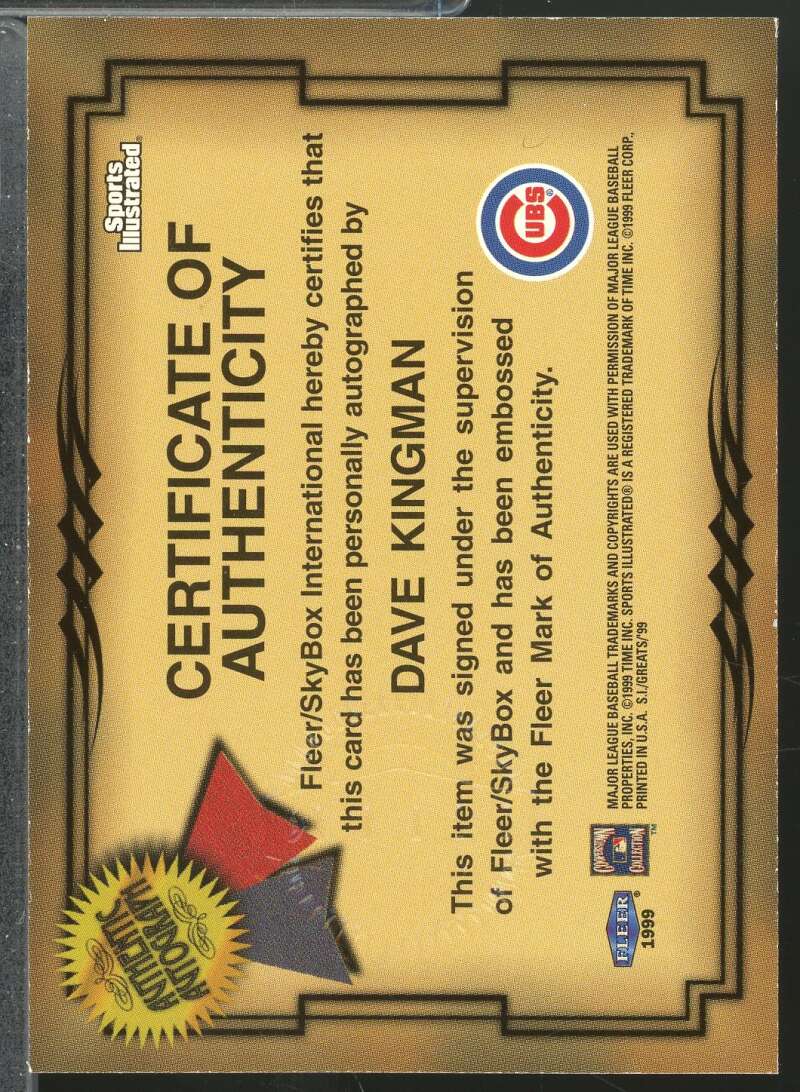 Dave Kingman 1999 Sports Illustrated Fleer Greats of the Game Autographs #40  Image 2