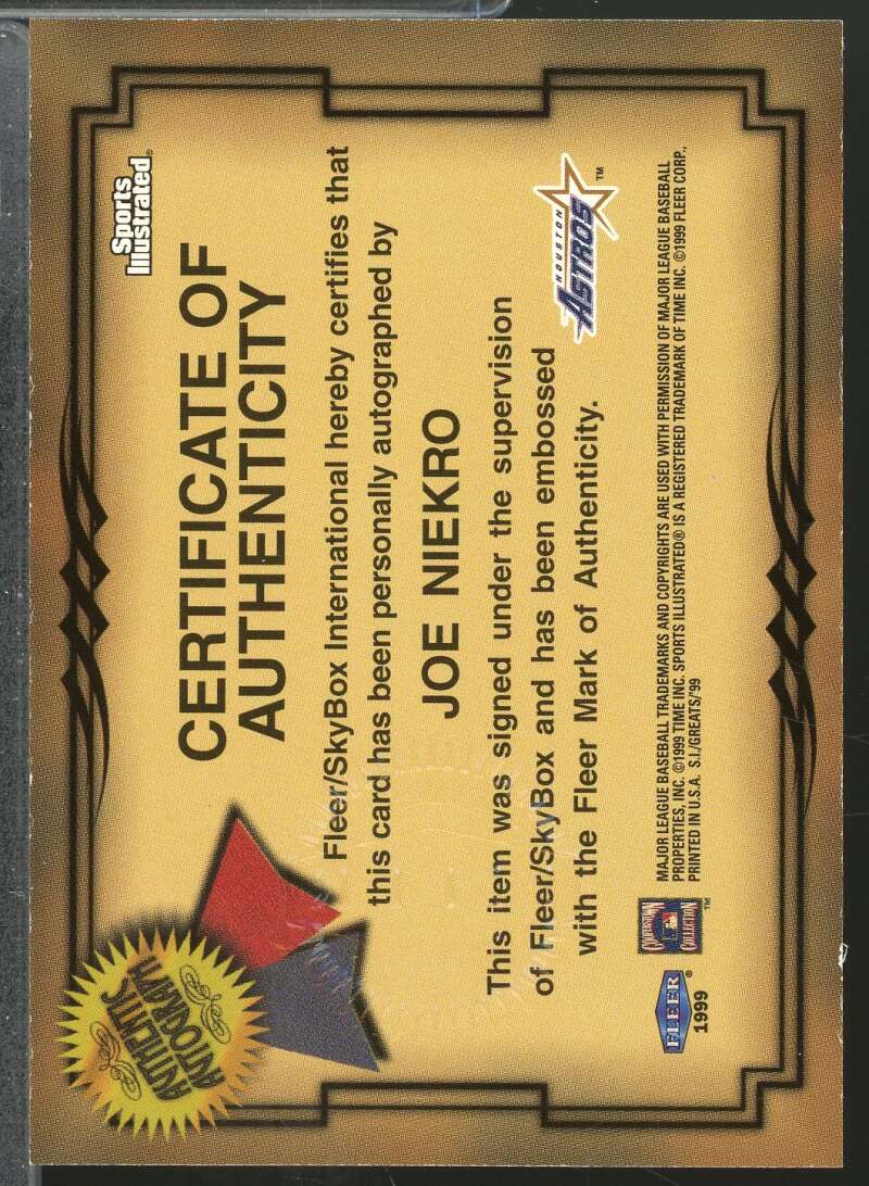 Joe Niekro Card 1999 Sports Illustrated Fleer Greats of the Game Autographs #52  Image 2