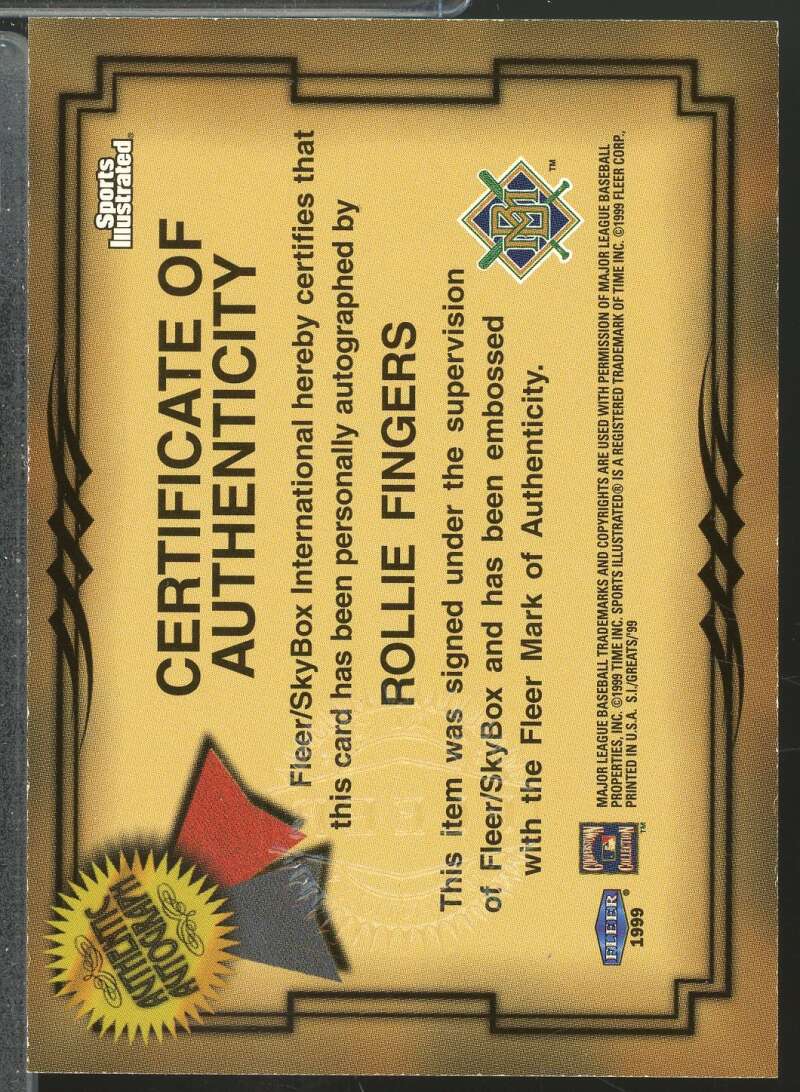 Rollie Fingers 1999 Sports Illustrated Fleer Greats of the Game Autographs #23  Image 2