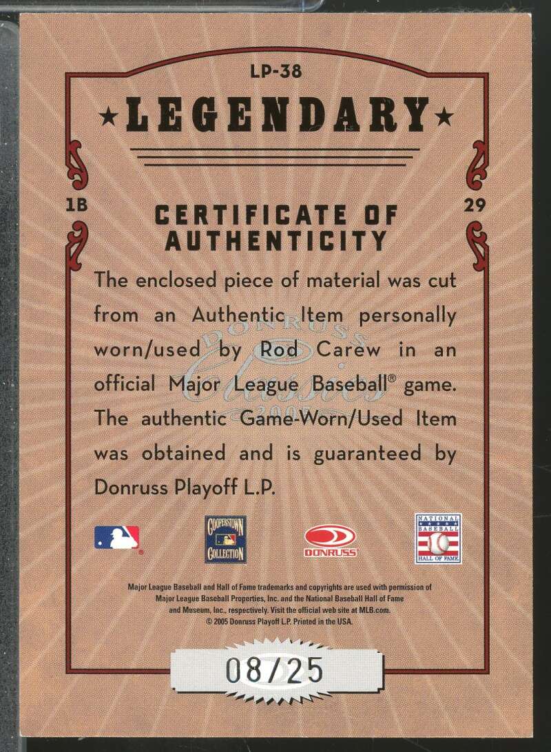 Rod Carew Card 2005 Donruss Classics Legendary Players Jacket /25 #38  Image 2