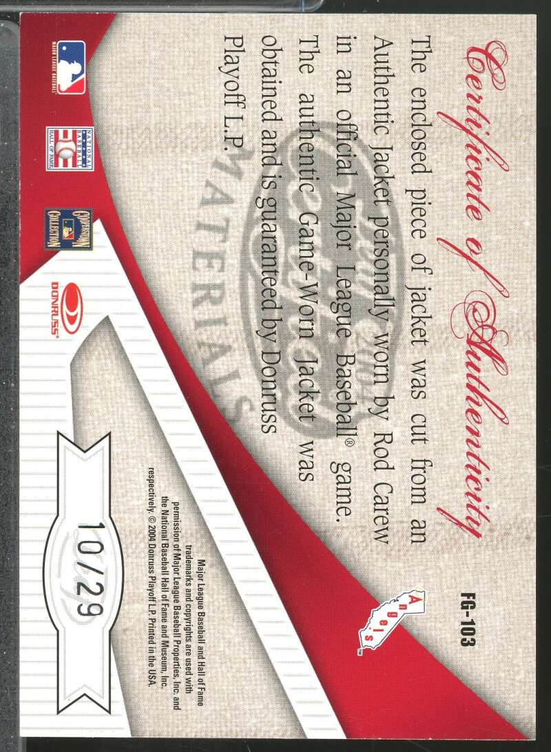 Rod Carew 2004 Leaf Certified Fabric of the Game Jersey Number Jacker /29 #103  Image 2