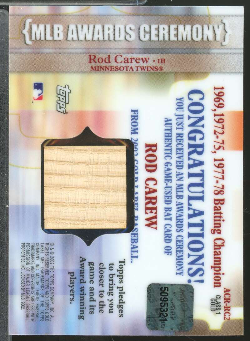 Rod Carew Card 2002 Topps Gold Label MLB Awards Ceremony Relics Bat Gold #RC2  Image 2