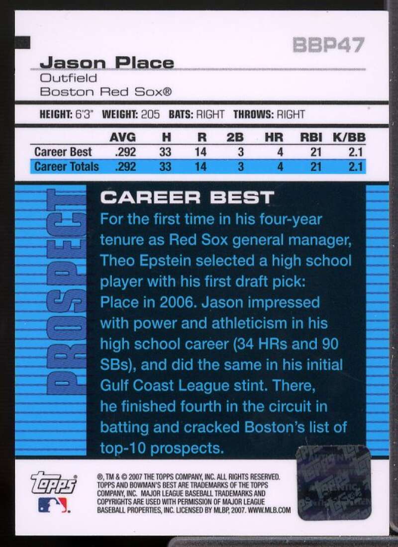 Jason Place AU Rookie Card 2007 Bowman's Best Prospects #BBP47  Image 2