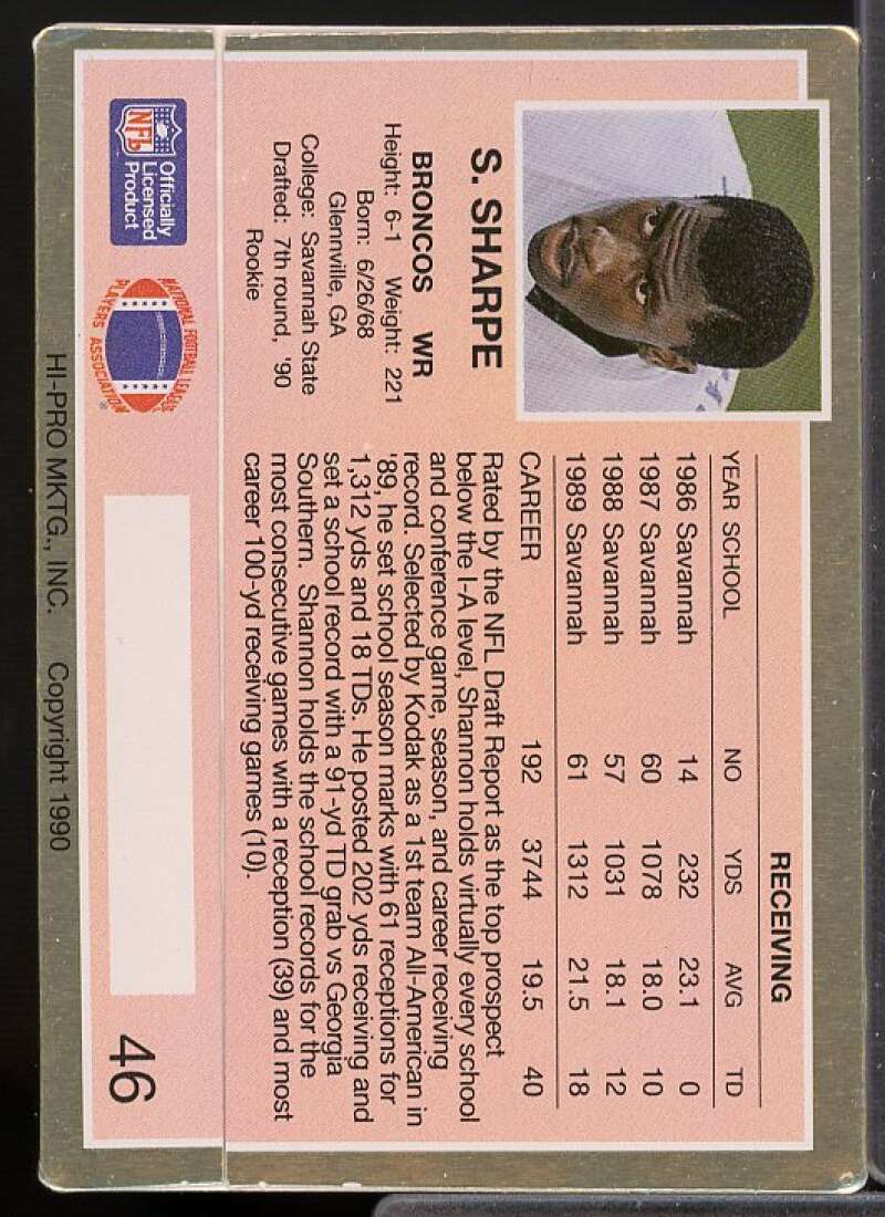 Shannon Sharpe Card 1990 Action Packed Rookie Update #46  Image 2