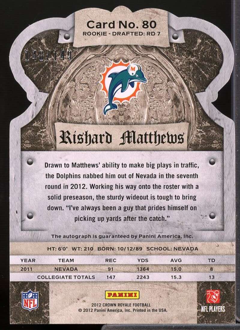 Rishard Matthews Rookie 2012 Crown Royale Rookie Signatures Silver Holofoil #80  Image 2