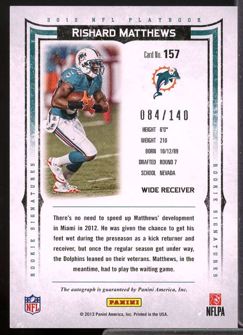 Rishard Matthews AU/140 Rookie Card 2012 Panini Playbook #157  Image 2