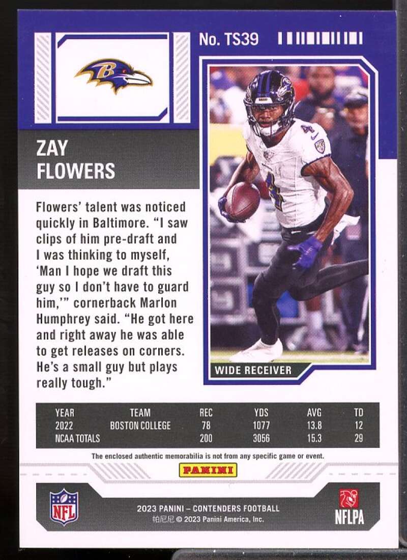 Zay Flowers Card 2023 Panini Contenders Rookie Ticket Swatches #39  Image 2