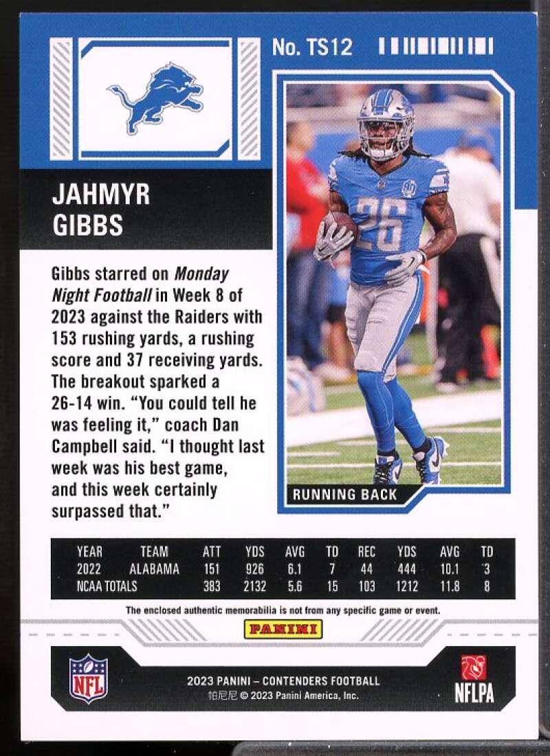 Jahmyr Gibbs Card 2023 Panini Contenders Rookie Ticket Swatches #12  Image 2