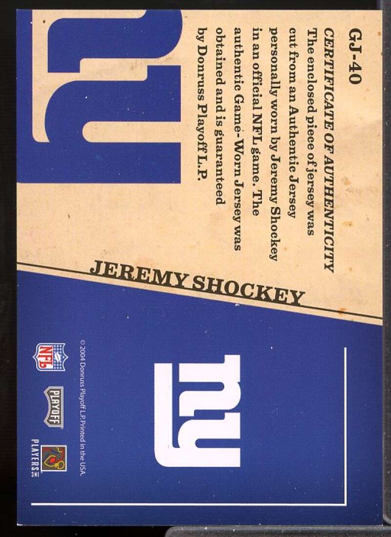 Jeremy Shockey Card 2004 Playoff Prestige Game Day Jerseys #GJ40  Image 2