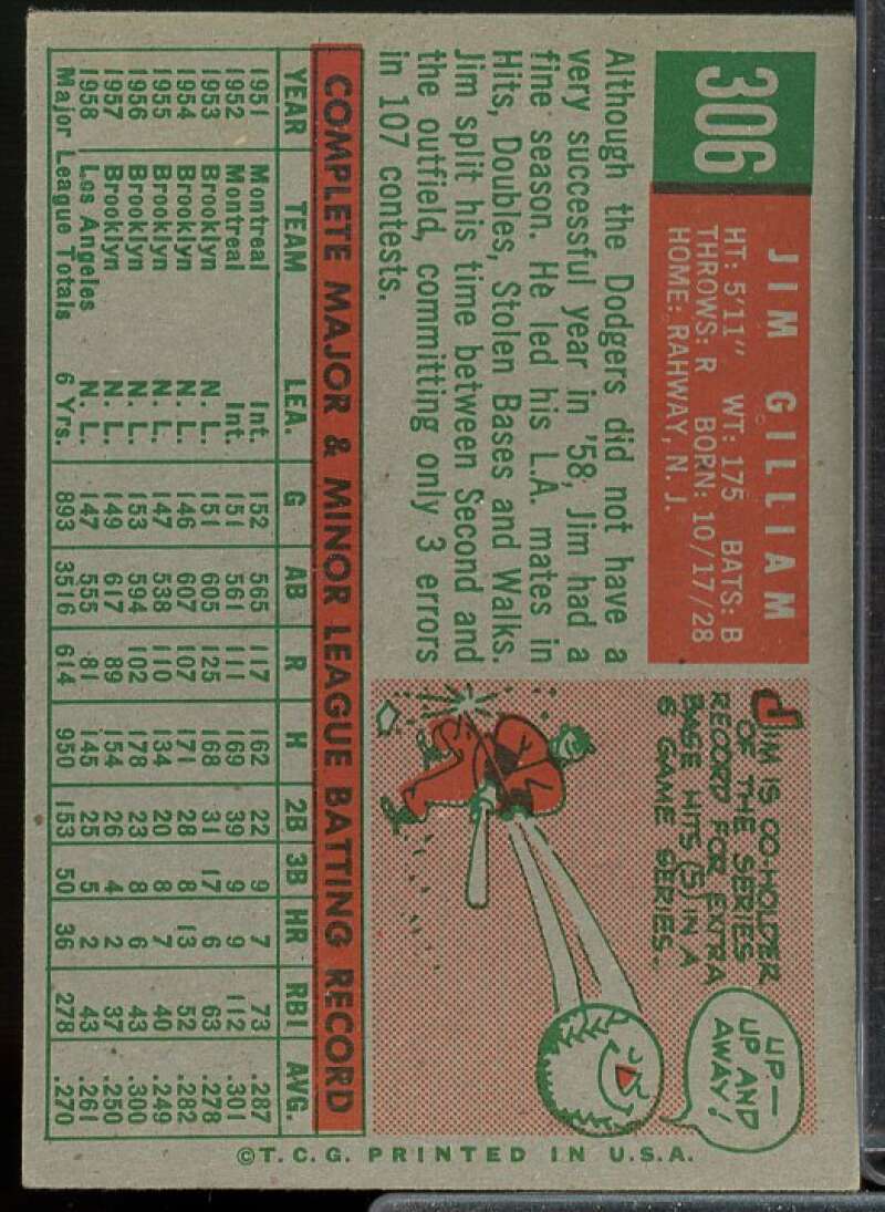 Jim Gilliam Card 1959 Topps #306  Image 2