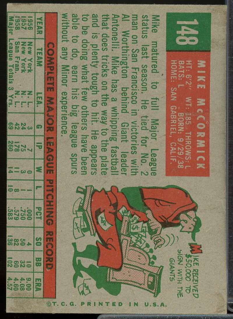 Mike McCormick Card 1959 Topps #148  Image 2