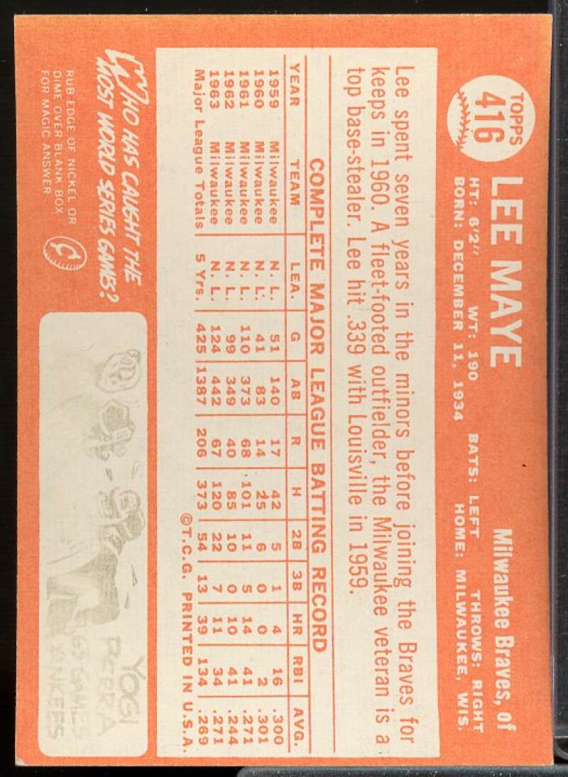 Lee Maye Card 1964 Topps #416  Image 2