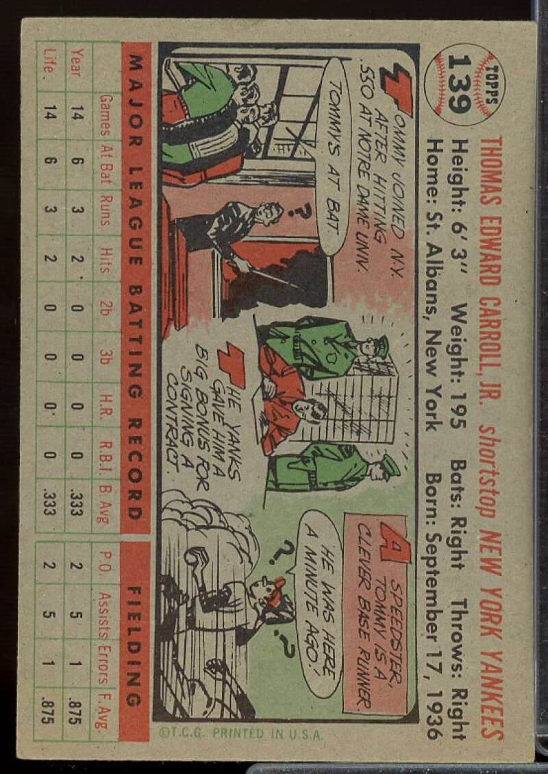 Tommy Carroll Card 1956 Topps #139  Image 2