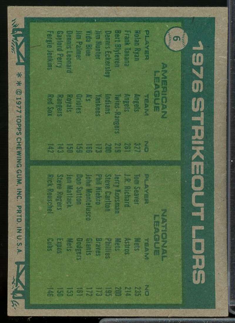 Strikeout Leaders/Nolan Ryan/Tom Seaver Card 1977 Topps #6  Image 2